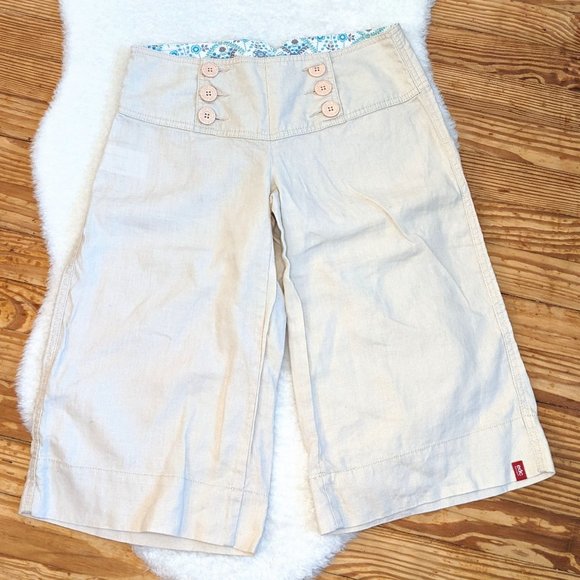 Vintage Y2K Esprit 100% Linen Sailor Style Button Front Wide Waistband Capris - Picture 2 of 13